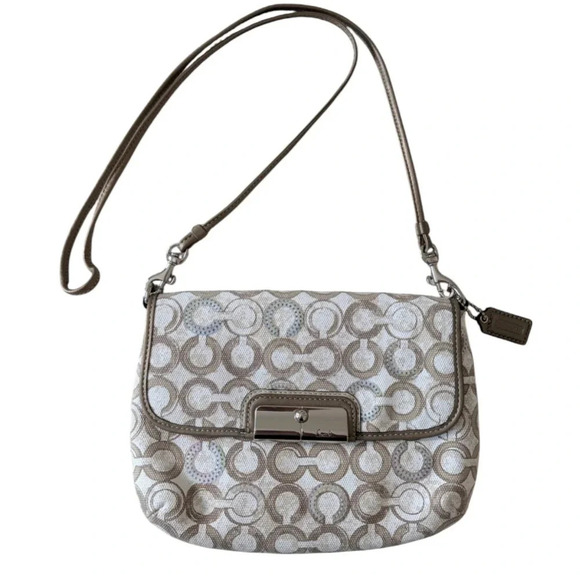 Coach Kristin Op Art Sequin Crossbody Bag Mushroom Taupe White Small Women's OS - Picture 2 of 14